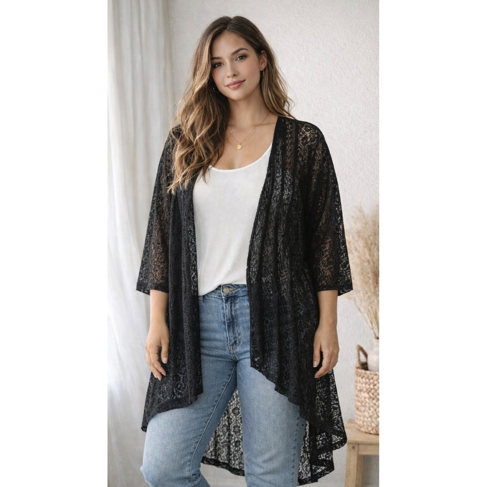 Black Lace Kimono Cardigan‎ LuLaRoe Sz M Open Front Sheer Cover Up Boho Festival
